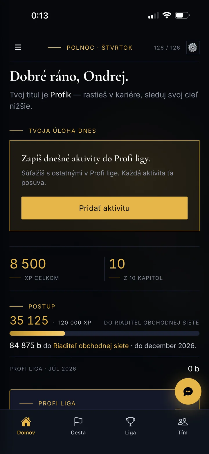 Home screen of the Riaditeľstvo 1063 app: today's task, points and career progress