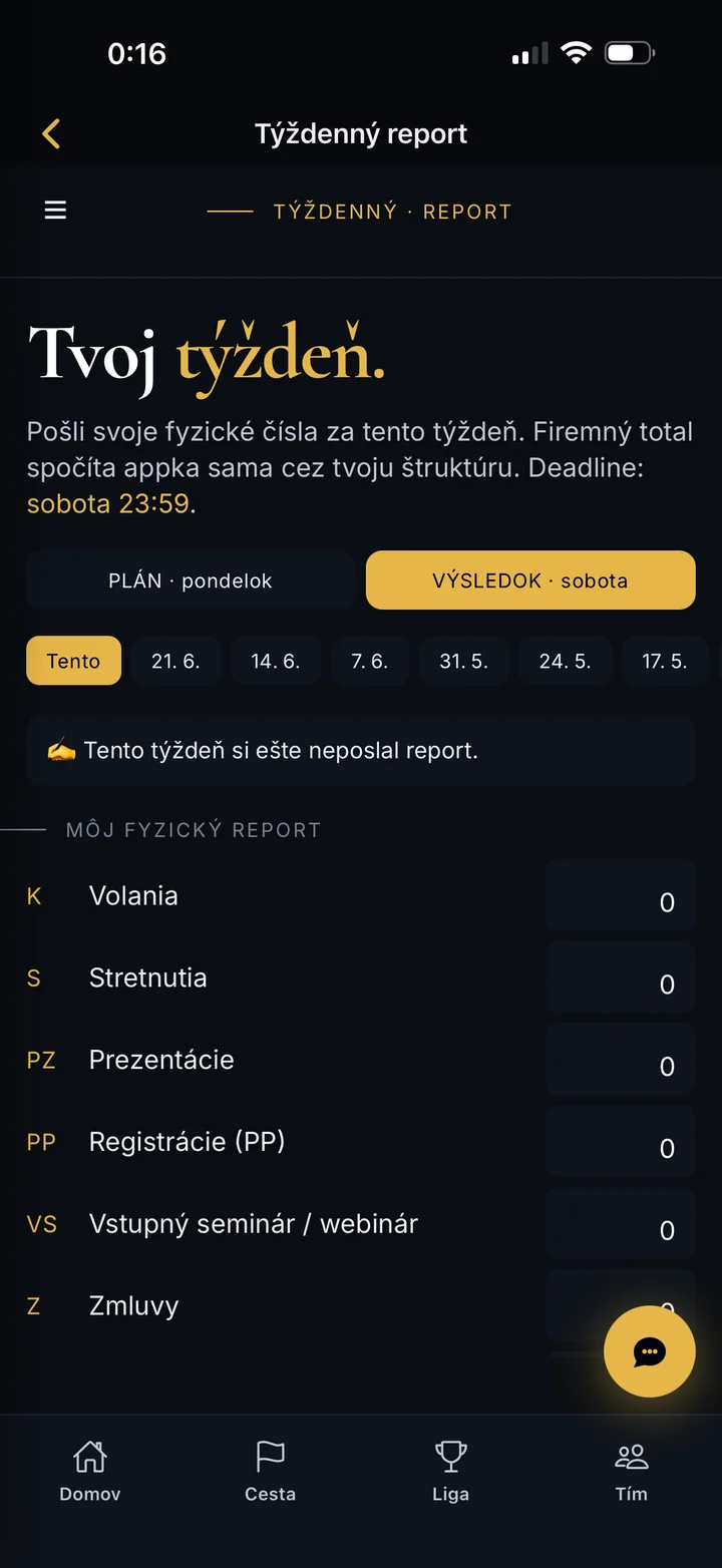 Weekly report screen: contacts, meetings and presentations for the week